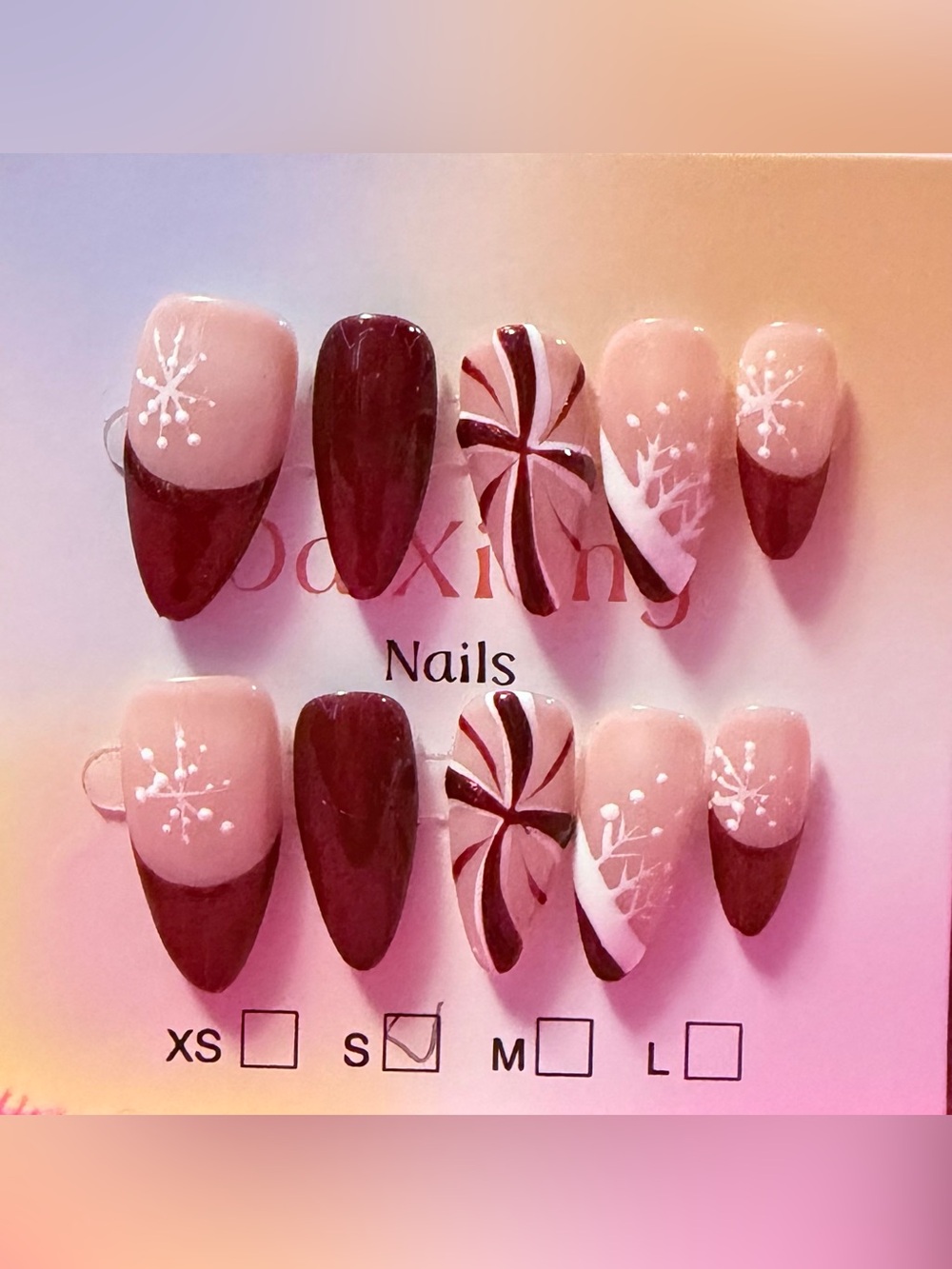 Holiday Peppermint nude & Burgundy Press-On Nails